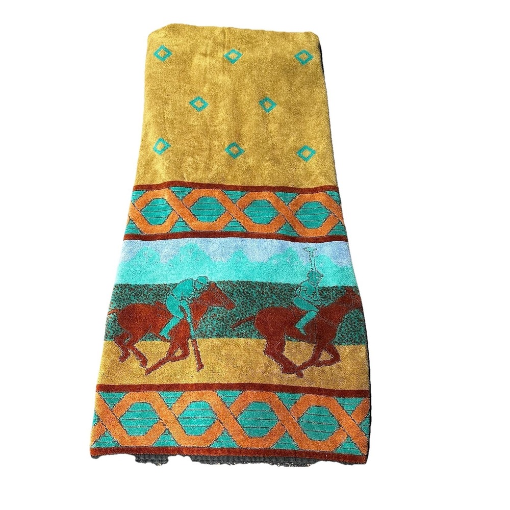 Vintage Royal Terry Beach Towel 66x38.5 Polo Horse Scene Equestrian